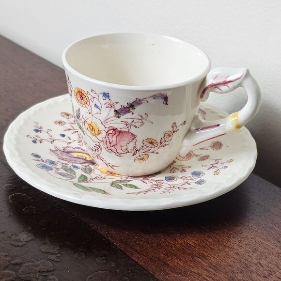 Vernon Kilns Vintage Floral Teacup Saucer Set Hand-Painted Made In USA - Picture 2 of 7